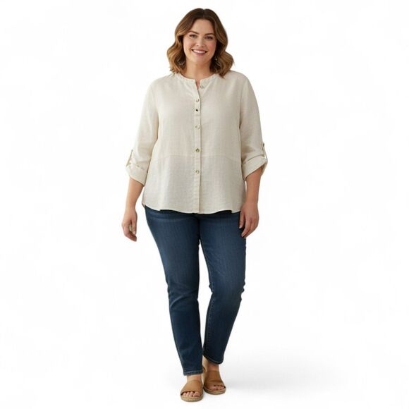 JM Collection Natural Linen Tunic Top 18W Button Front Roll Tab Sleeves Beige - Picture 1 of 13